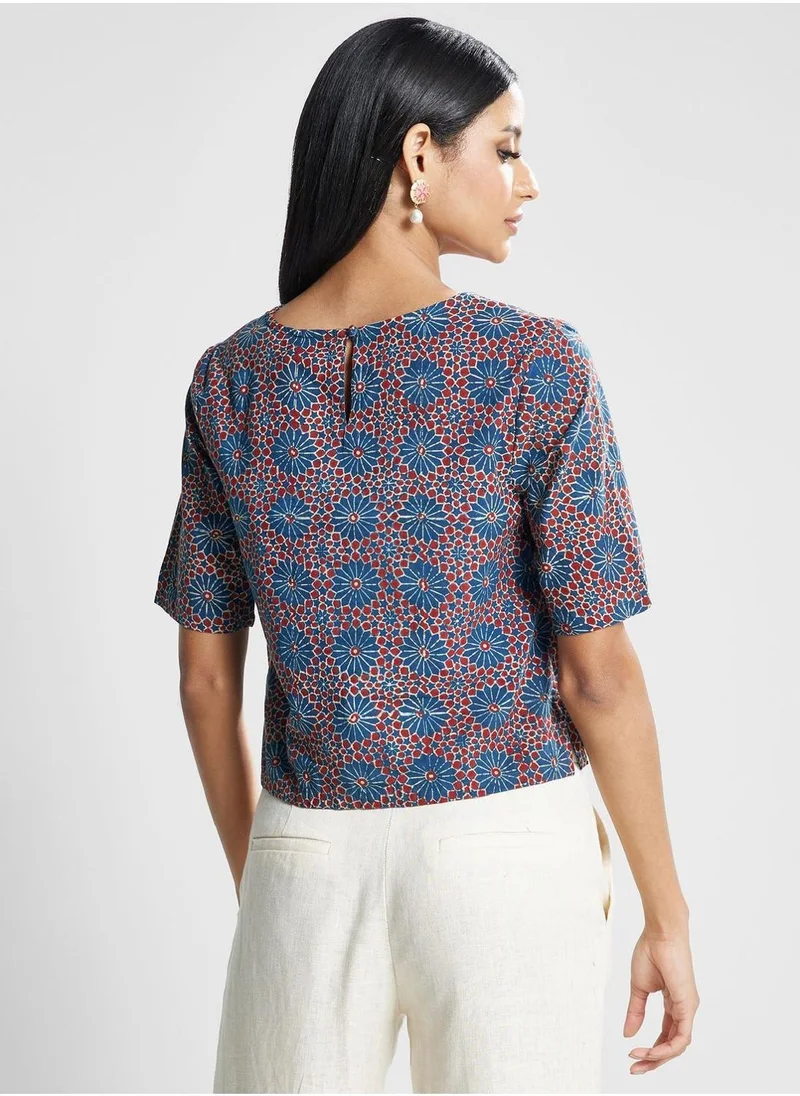 Fabindia Crew Neck Floral Print Top