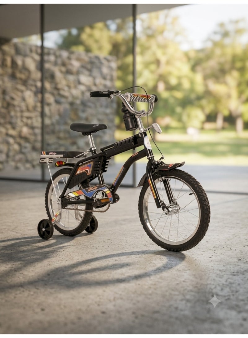 StarKids Rambo Professional 16-inch Kids' Bike featuring a dual-brake system, training wheels, and a rear seat for fun and safe riding adventures. - Image 1
