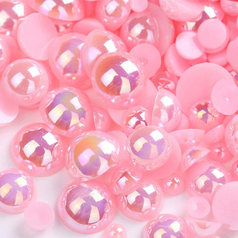 Dowarm 1000 Pieces Flatback Half Pearls 4mm 6mm 8mm 10mm 12mm 14mm Mix Size Flat Backed Round Half Pearls Beads for Crafts Jewelry Loose Beads Gem Pink AB