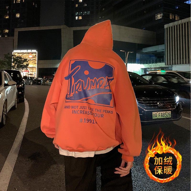Autumn Winter Plush Hoodie Fashion Sweater Orange fleece-lined  - Image 1