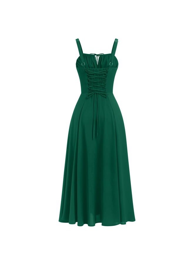 AGYMNX Women's Floral Corset Dress Formal Cocktail Dresses Going Out Casual Sundress Split Thigh Spaghetti Strap Vintage Dress, Green, M - Image 2