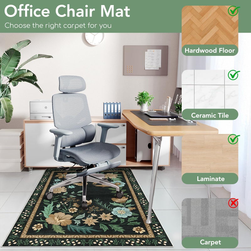 Lreedy Office Chair Mat for Hardwood Floor&Tile Floor,36"x48" Heavy Duty Desk Chair Mat for Hard Floors,Under Desk Rug for Rolling Computer Chair,Anti Slip,Low Pile Carpet Floor-Square Frame Colorful Flowers - Image 3