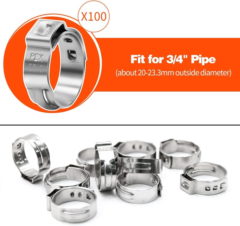 PXZBLG 100 Pack 3/4 Inch PEX Cinch Clamps, Stainless Steel Single Ear Hose Clamps, for PEX Pipe - Image 2
