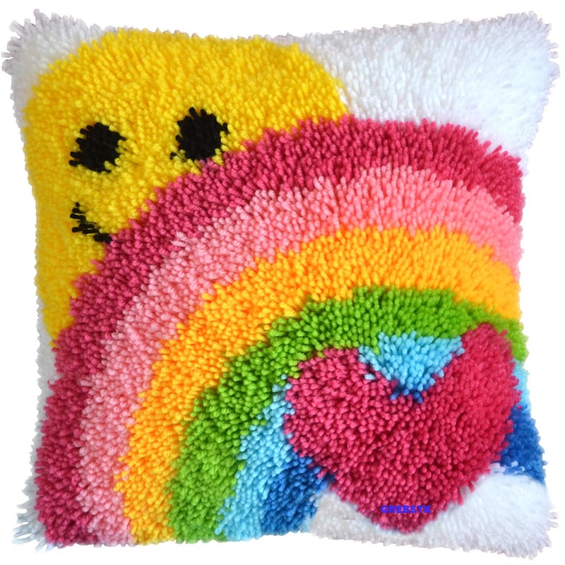 GREBSTK Latch Hook Kit DIY Throw Pillow Cover Sofa Cushion Cover Sun & Rainbow Pattern Paint Cross Stitch 16X16 inch - Image 1