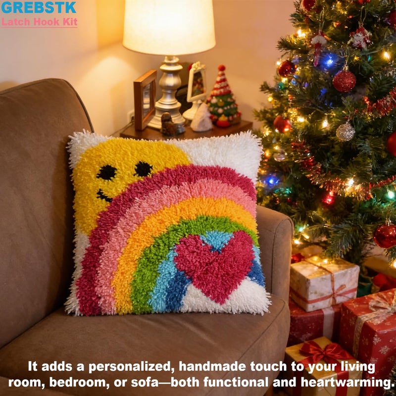 GREBSTK Latch Hook Kit DIY Throw Pillow Cover Sofa Cushion Cover Sun & Rainbow Pattern Paint Cross Stitch 16X16 inch - Image 4