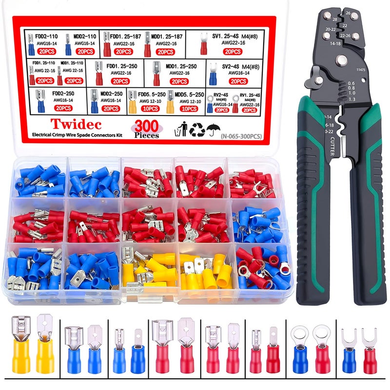 Twidec300PCS 16Types Spade Crimp Connectors 28mm48mm63mm Male and Female Connector kit Includes Spade Fork Ring Insulated Wire Crimp Connectors and Wire Crimper Tool with Stripper Cutter - Image 2