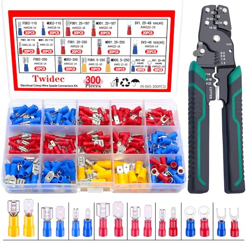 Twidec300PCS 16Types Spade Crimp Connectors 28mm48mm63mm Male and Female Connector kit Includes Spade Fork Ring Insulated Wire Crimp Connectors and Wire Crimper Tool with Stripper Cutter - Image 1