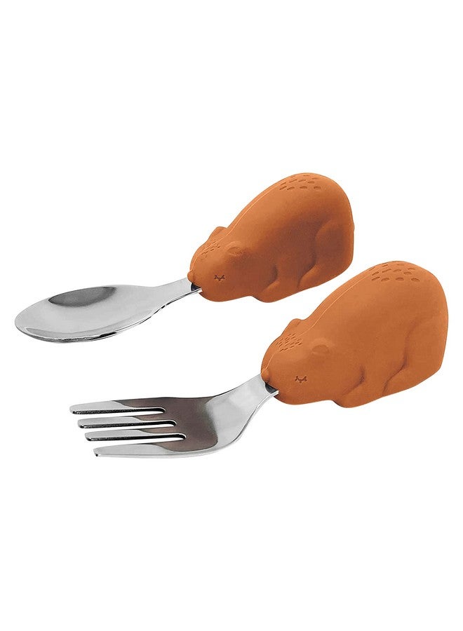 Tiny Twinkle Easy Grip Toddler Utensils Spoon And Fork Set - Bpa & Phthalate Free Utensil Sets, Kids Silverware With Silicone Handle, Baby Led Weaning Supplies For 12 Months & Up (Cinnamon Bear)  - Image 1