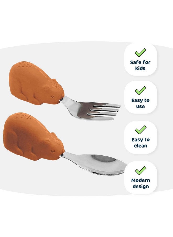 Tiny Twinkle Easy Grip Toddler Utensils Spoon And Fork Set - Bpa & Phthalate Free Utensil Sets, Kids Silverware With Silicone Handle, Baby Led Weaning Supplies For 12 Months & Up (Cinnamon Bear)  - Image 3