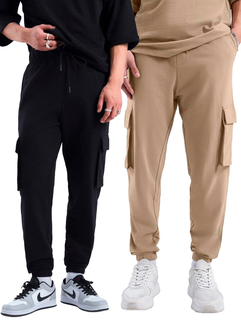 Bewakoof Men's Mid Rise Air 1.0 Solid Oversized Fit Terry Cargo Joggers(Pack of 2)_A4-552880-552891_Black & Brown_XL - Image 4