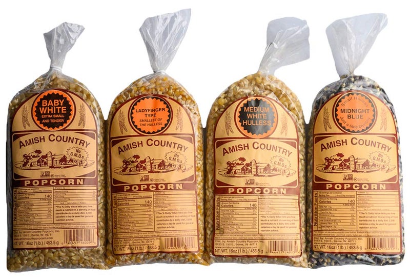 Amish Country Popcorn | 4-1 lb Bags | Variety Pack | 1 lb Baby White -1 lb Medium White - 1 lb Ladyfinger and 1 lb Midnight Blue Popcorn Kernels | Old Fashioned, Non-GMO and Gluten Free (4-1 lb Bags) - Image 1