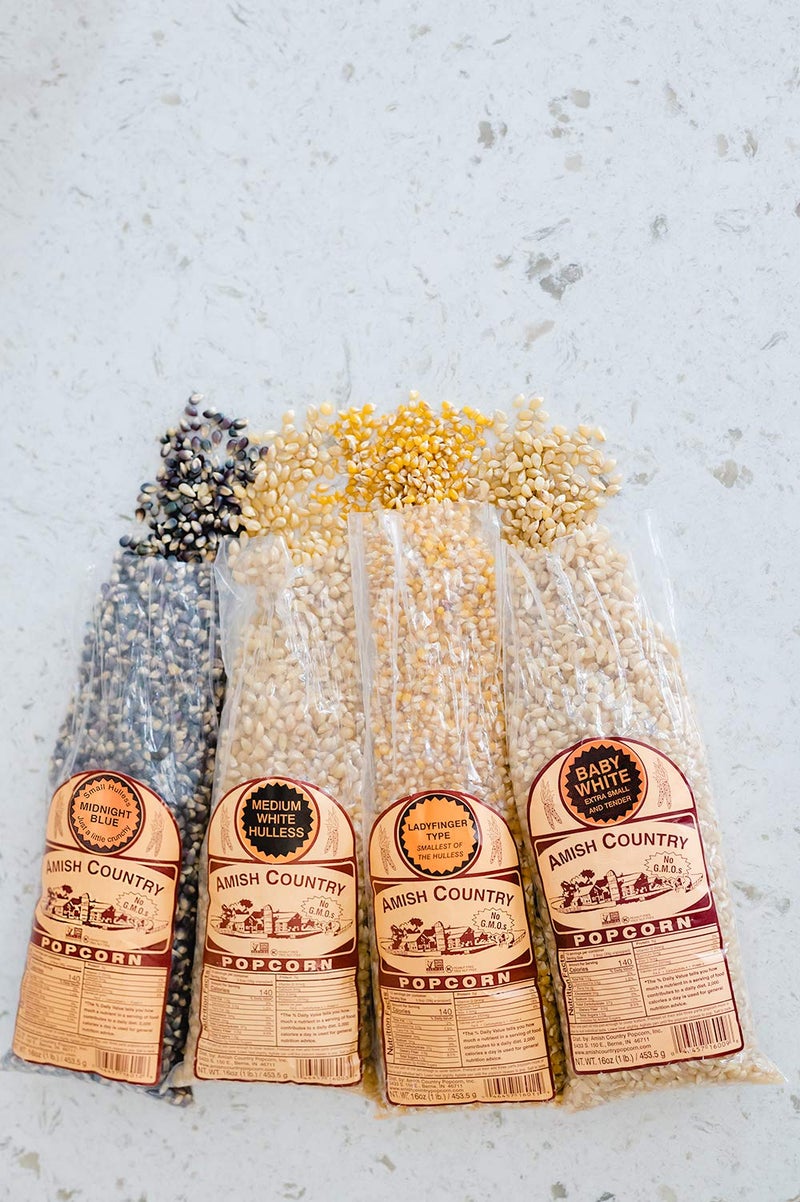 Amish Country Popcorn | 4-1 lb Bags | Variety Pack | 1 lb Baby White -1 lb Medium White - 1 lb Ladyfinger and 1 lb Midnight Blue Popcorn Kernels | Old Fashioned, Non-GMO and Gluten Free (4-1 lb Bags) - Image 4