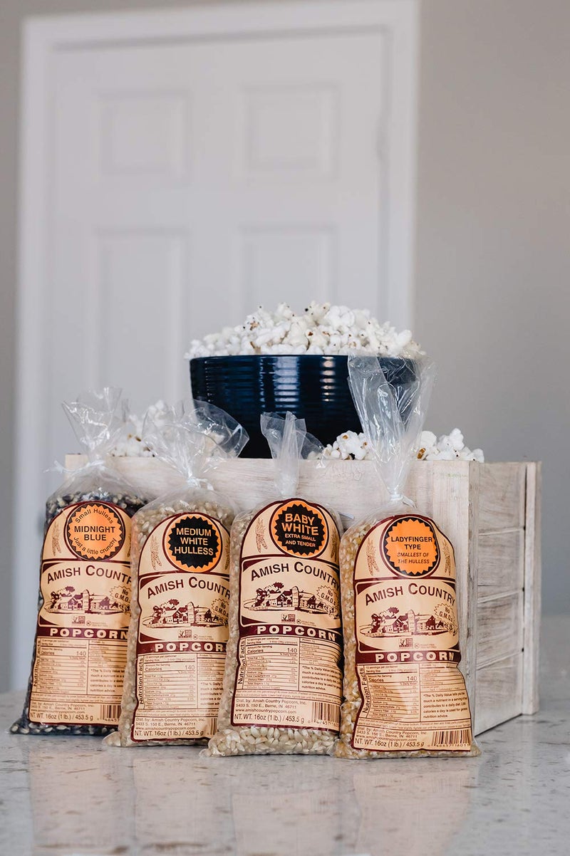 Amish Country Popcorn | 4-1 lb Bags | Variety Pack | 1 lb Baby White -1 lb Medium White - 1 lb Ladyfinger and 1 lb Midnight Blue Popcorn Kernels | Old Fashioned, Non-GMO and Gluten Free (4-1 lb Bags) - Image 3