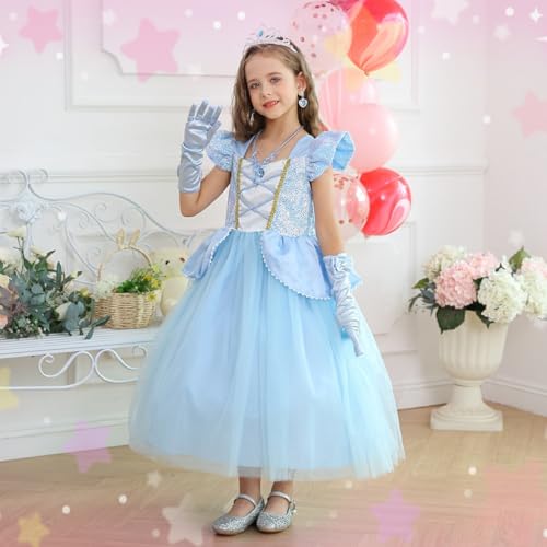 Luzlen Cinderella Costume for Girls Kids Blue Princess Dress with Accessories Halloween Birthday Party Outfits, 4-5T(Tag 120) - Image 4
