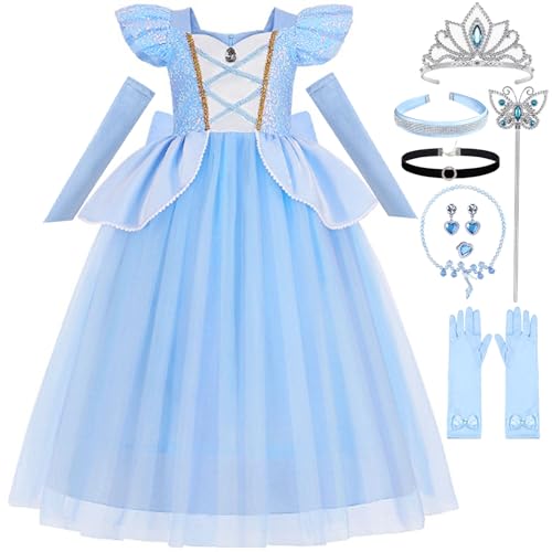 Luzlen Cinderella Costume for Girls Kids Blue Princess Dress with Accessories Halloween Birthday Party Outfits, 4-5T(Tag 120) - Image 1