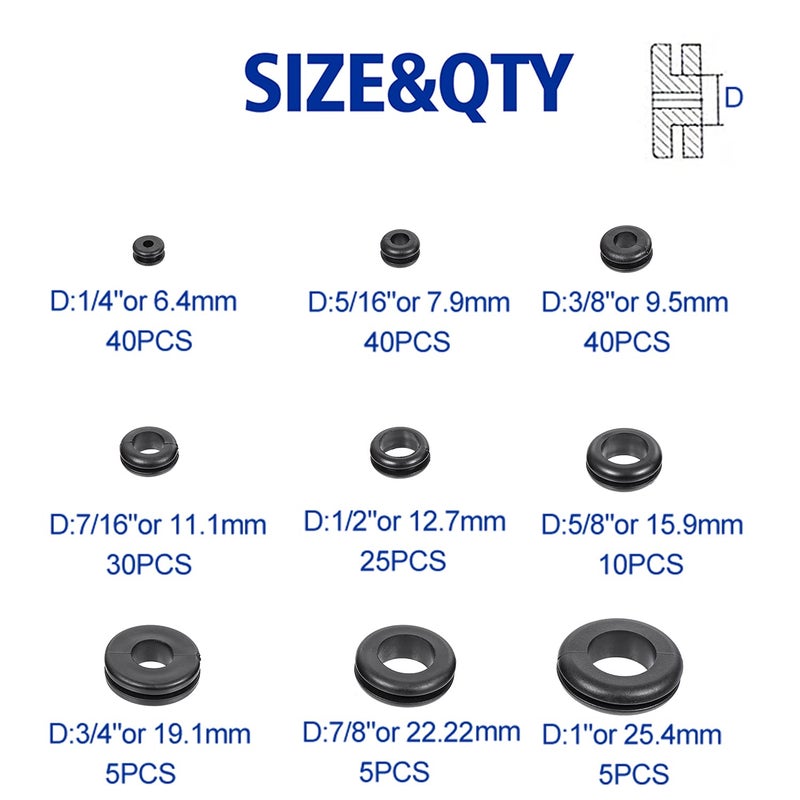BUSY-CORNER 200 PCS Hollow Rubber Grommet Firewall Hole Plug Assortment, Rubber Grommet kit 1/4", 5/16", 3/8", 7/16", 1/2", 5/8", 3/4'', 7/8", 1'' - Image 2