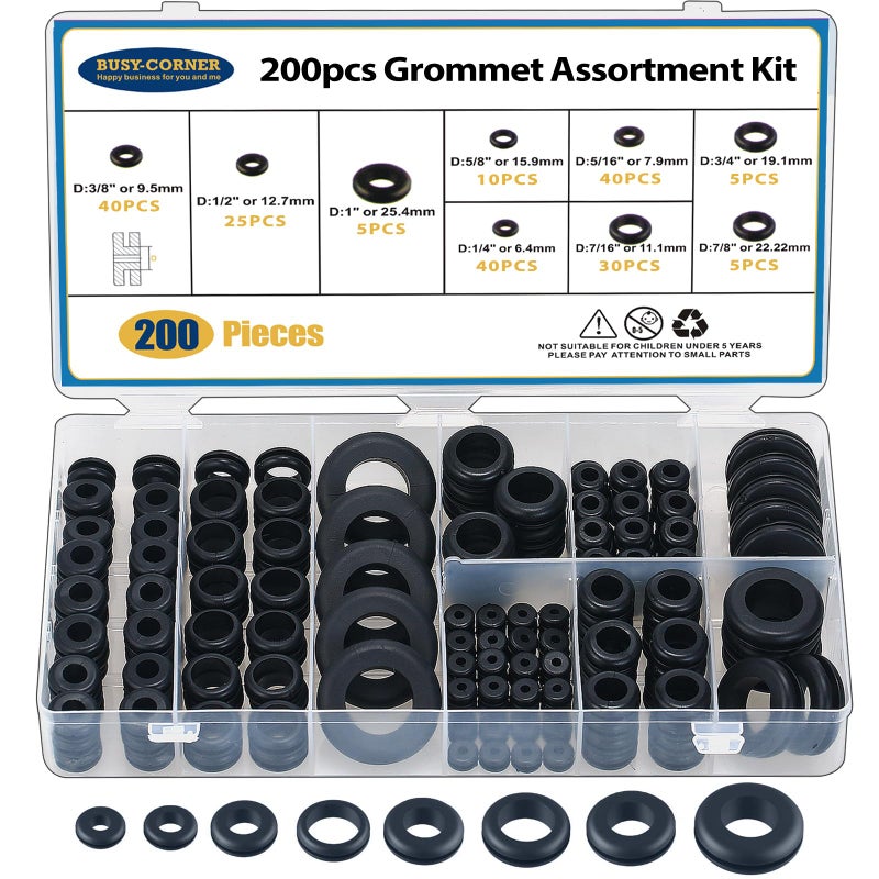 BUSY-CORNER 200 PCS Hollow Rubber Grommet Firewall Hole Plug Assortment, Rubber Grommet kit 1/4", 5/16", 3/8", 7/16", 1/2", 5/8", 3/4'', 7/8", 1'' - Image 1