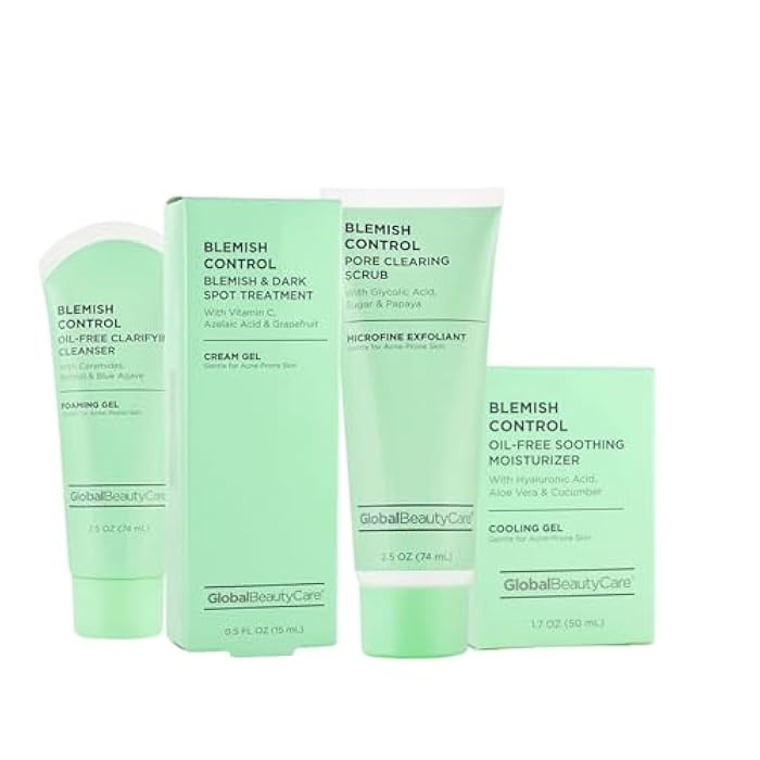 Global Beauty Care Blemish Control Skincare 4-Piece Kit- Facial Cleanser (2.5oz), & Scrub (2.5oz), Spot Treatment (0.5oz) & Facial Moisturizer (1.7oz)– Retinol, Vitamin C, Hyaluronic & Glycolic Acid - Image 1