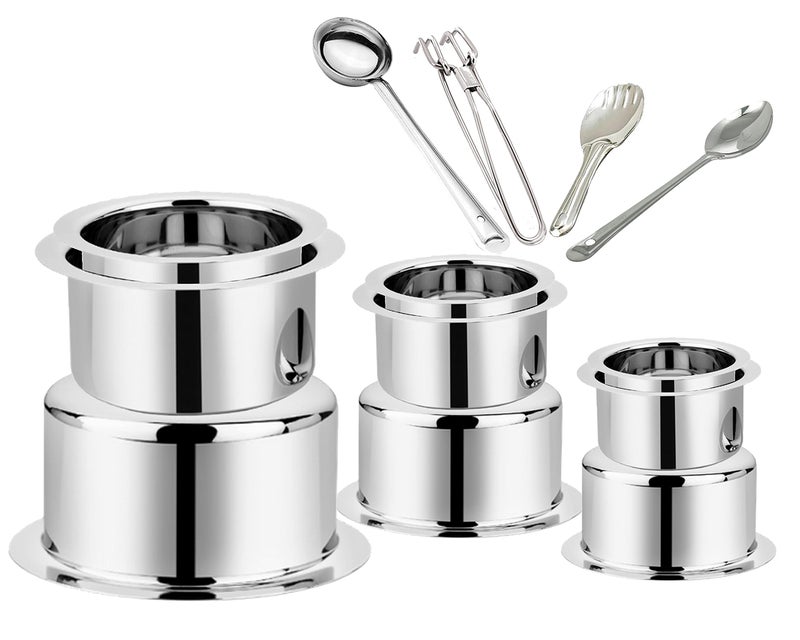 BLeaf Stainless Steel-Flat Bottom Tope/Heavy Guage Tope (Pack of 9) (500 ml, 750 ml, 1000 ml, 1250 ml, 1500 ml, 1750 ml, 2000 ml, 2250 ml, 2500 ml) 4 Pcs Ladle Set (Combo) - Image 1