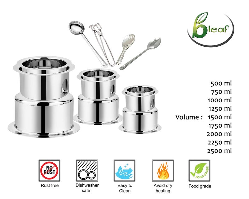 BLeaf Stainless Steel-Flat Bottom Tope/Heavy Guage Tope (Pack of 9) (500 ml, 750 ml, 1000 ml, 1250 ml, 1500 ml, 1750 ml, 2000 ml, 2250 ml, 2500 ml) 4 Pcs Ladle Set (Combo) - Image 5