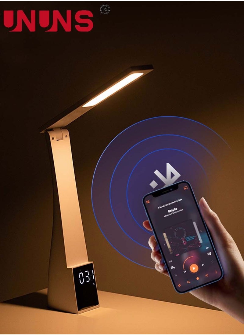 UNUNS LED Touch Table Lamp,Dimmable Eye-Caring Reading Desk Light For Home,3 Brightness Levels,Desk Lamp With Bluetooth Audio And Clock Temperature Display,Led Lamp Night Light White  - Image 1