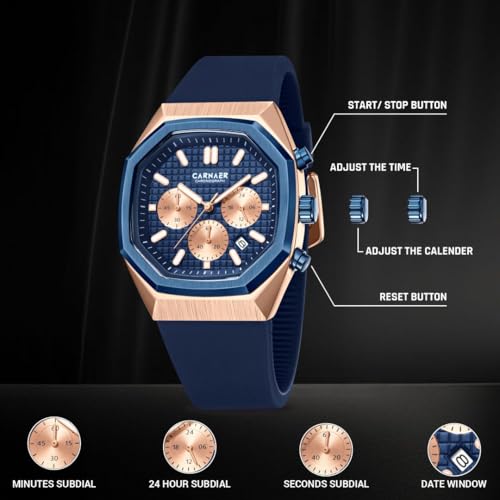 CARNAER Men’s Luxury Chronograph Watch – Octagonal Skeleton Dial, Quartz Movement, Luminous Hands, Rose Gold Zinc Alloy Case, Blue Silicone Strap, Waterproof Boys Sports Watch - Image 3