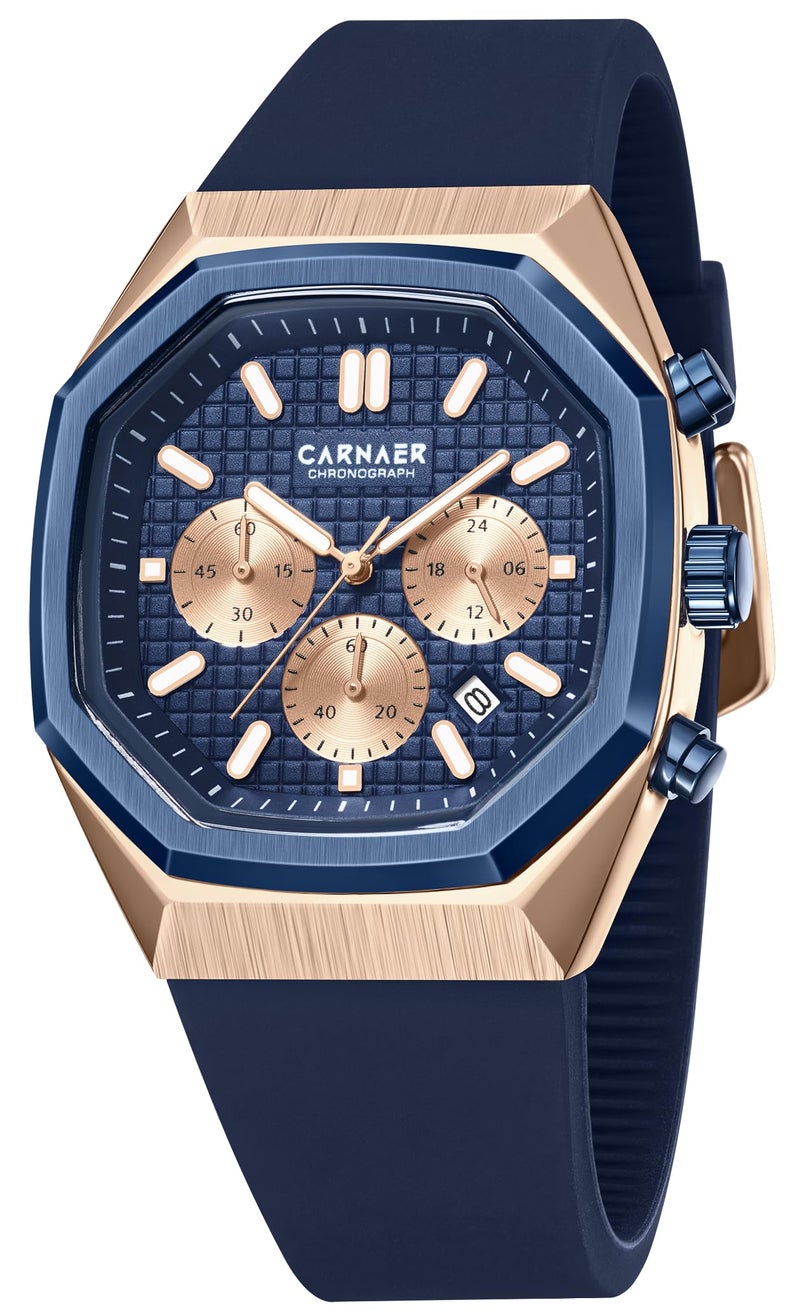 CARNAER Men’s Luxury Chronograph Watch – Octagonal Skeleton Dial, Quartz Movement, Luminous Hands, Rose Gold Zinc Alloy Case, Blue Silicone Strap, Waterproof Boys Sports Watch - Image 1