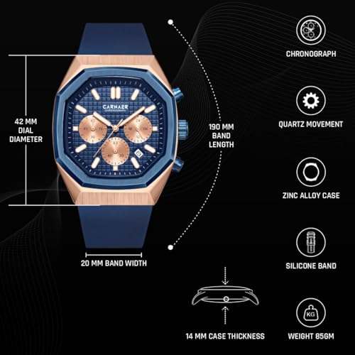 CARNAER Men’s Luxury Chronograph Watch – Octagonal Skeleton Dial, Quartz Movement, Luminous Hands, Rose Gold Zinc Alloy Case, Blue Silicone Strap, Waterproof Boys Sports Watch - Image 5