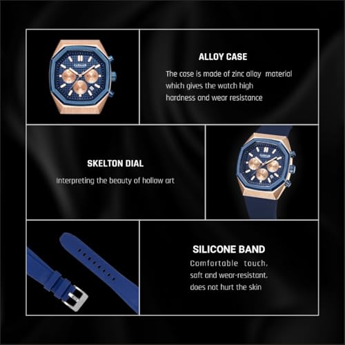 CARNAER Men’s Luxury Chronograph Watch – Octagonal Skeleton Dial, Quartz Movement, Luminous Hands, Rose Gold Zinc Alloy Case, Blue Silicone Strap, Waterproof Boys Sports Watch - Image 4