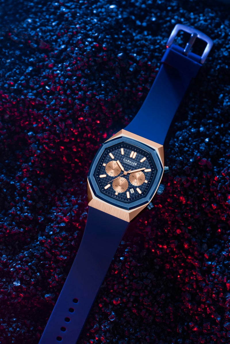 CARNAER Men’s Luxury Chronograph Watch – Octagonal Skeleton Dial, Quartz Movement, Luminous Hands, Rose Gold Zinc Alloy Case, Blue Silicone Strap, Waterproof Boys Sports Watch - Image 2