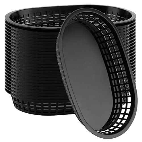 KOHAND 24 Pack Black Fast Food Serving Basket - 11 x 7 Inch Plastic Oval Shaped for Deli Service, Bread, Hot Dog, Burgers, Sandwiches, Fries, Barbecues - Image 1