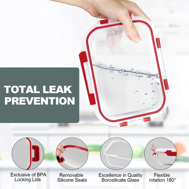 VERONES 10 Pack 22 OZ Glass Meal Prep Containers, Airtight Glass Lunch Containers Set, Glass Food Storage Containers with Lids,Exclusive of BPA, for Microwave, Oven, Freezer & Dishwasher Friendly,Red - Image 3