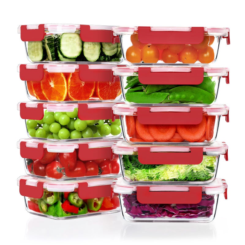 VERONES 10 Pack 22 OZ Glass Meal Prep Containers, Airtight Glass Lunch Containers Set, Glass Food Storage Containers with Lids,Exclusive of BPA, for Microwave, Oven, Freezer & Dishwasher Friendly,Red - Image 1