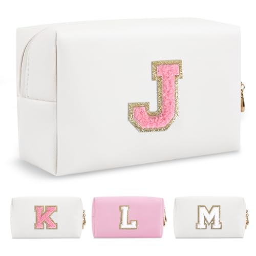 ChaoGreat Personalized Makeup Bag Initial A-Z Preppy Patch Bag,Small PU Leather Travel Cosmetic Bag Pouch with Zipper,White Cute Toiletry Bag,Gift Ideal for Teen Girls Women Birthday Friend Mom,Letter J - Image 1