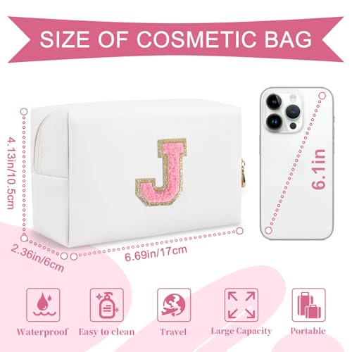 ChaoGreat Personalized Makeup Bag Initial A-Z Preppy Patch Bag,Small PU Leather Travel Cosmetic Bag Pouch with Zipper,White Cute Toiletry Bag,Gift Ideal for Teen Girls Women Birthday Friend Mom,Letter J - Image 2