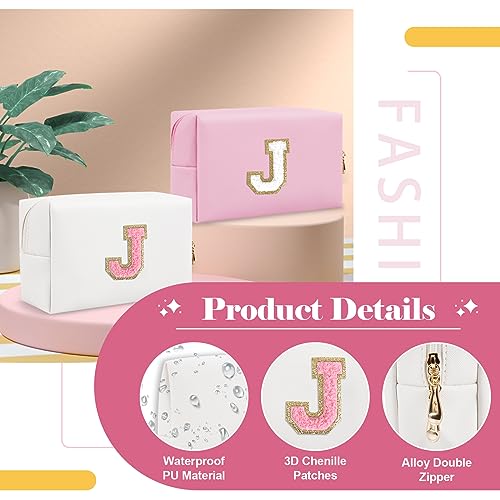 ChaoGreat Personalized Makeup Bag Initial A-Z Preppy Patch Bag,Small PU Leather Travel Cosmetic Bag Pouch with Zipper,White Cute Toiletry Bag,Gift Ideal for Teen Girls Women Birthday Friend Mom,Letter J - Image 3