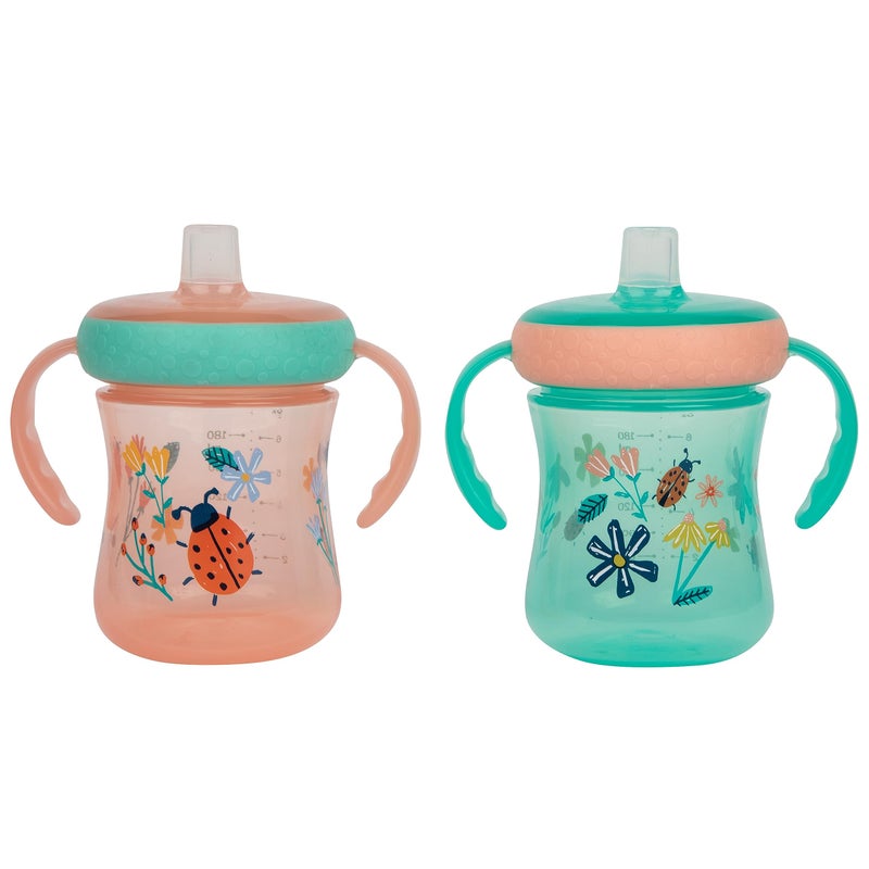The First Years Soft Spout Sippy Cup Toddler Trainer Cup for 6 Months with Handles and Leak Proof Lid 7 Oz Floral Ladybug Print 2 Count