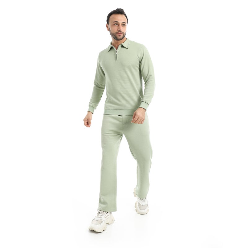 Andora Light Green Long Sleeves Half Zipper Closure Self patterned Sweatshirt-Light Green - Image 5