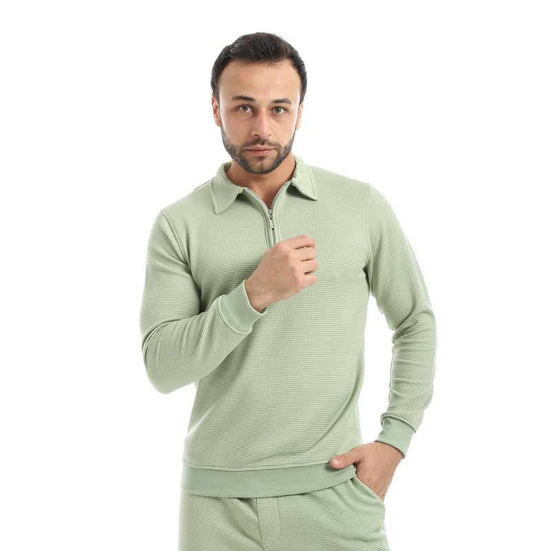 Andora Light Green Long Sleeves Half Zipper Closure Self patterned Sweatshirt-Light Green - Image 1