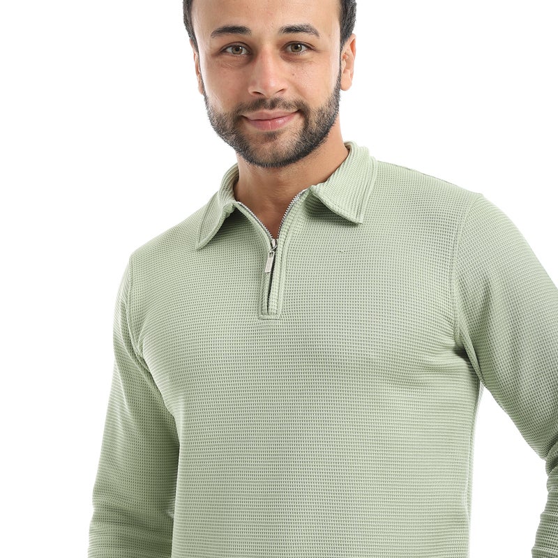 Andora Light Green Long Sleeves Half Zipper Closure Self patterned Sweatshirt-Light Green - Image 4