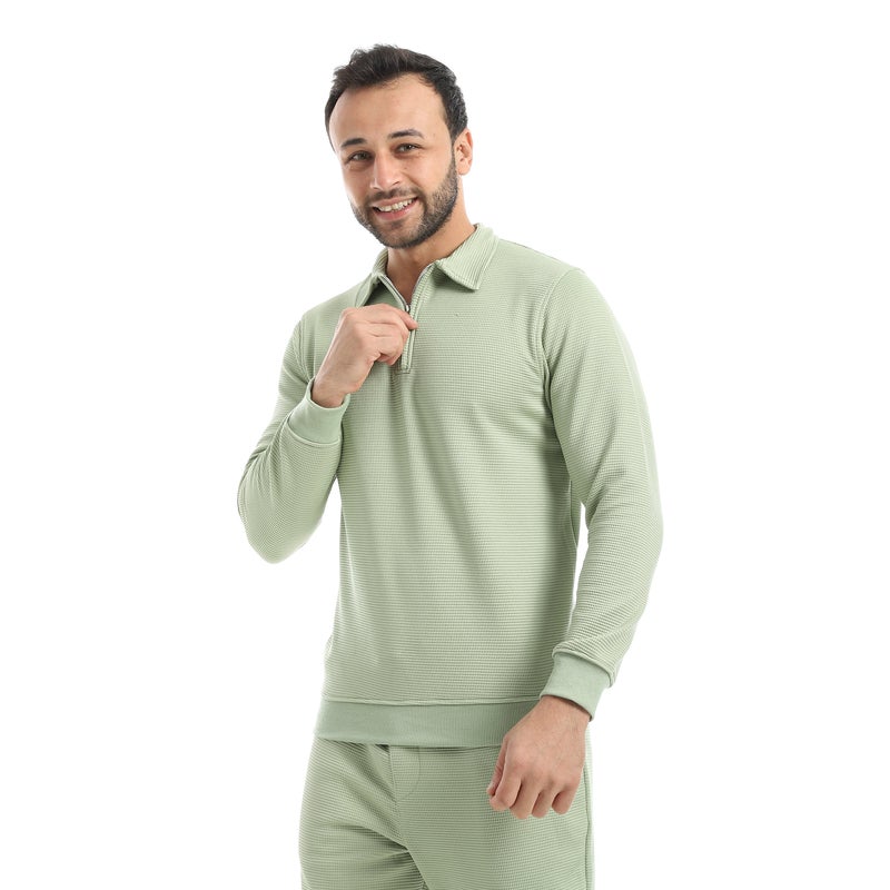 Andora Light Green Long Sleeves Half Zipper Closure Self patterned Sweatshirt-Light Green - Image 2