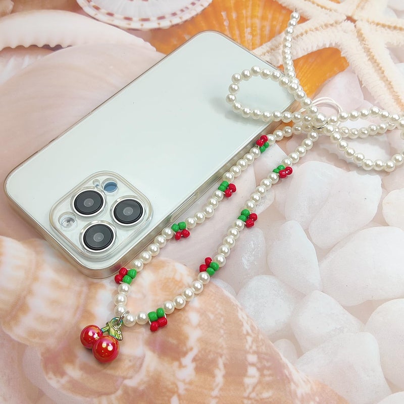 cioatu Phone Charms Cute Cherry Butterfly Cell Phone Lanyard Strap Wrist Strap for Bag Airpods Camera Pendants Decor (Pearl Cherry) - Image 4