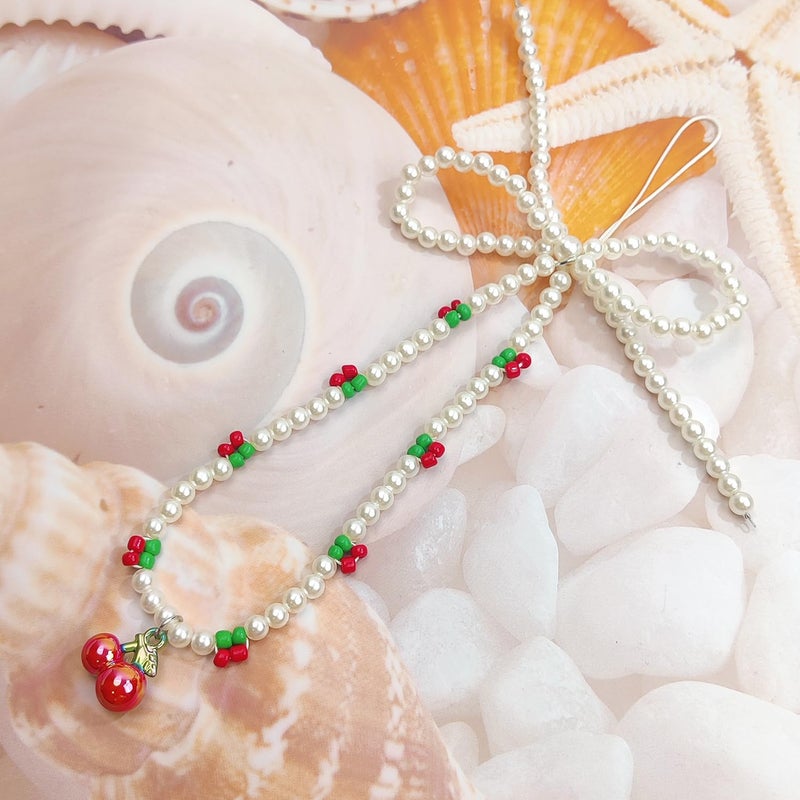 cioatu Phone Charms Cute Cherry Butterfly Cell Phone Lanyard Strap Wrist Strap for Bag Airpods Camera Pendants Decor (Pearl Cherry) - Image 2