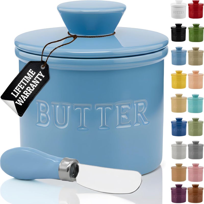 Priority Chef PriorityChef Butter Crock with Lid with Water Line, Ceramic French Butter Dish to Leave On Counter, Light Blue - Image 1