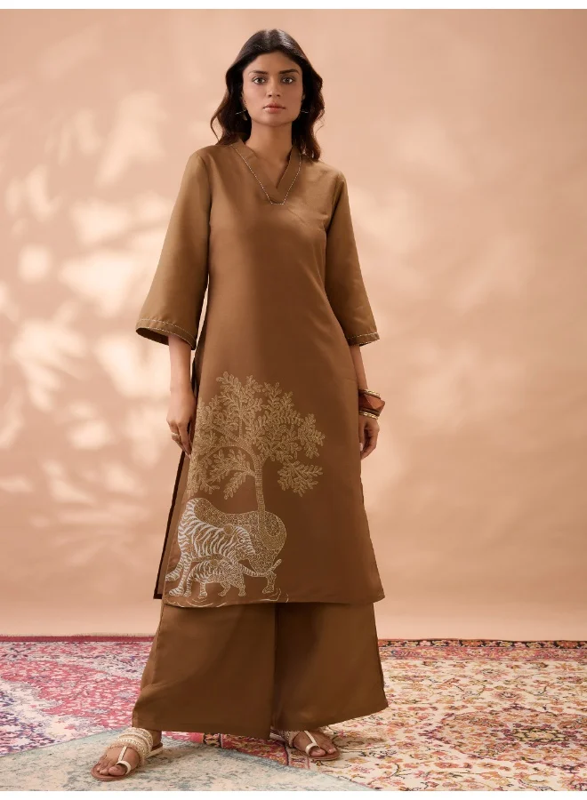 Women Brown Gond Animal Print V-Neck Bell Sleeves Straight Kurta & Wide Leg Pant Set