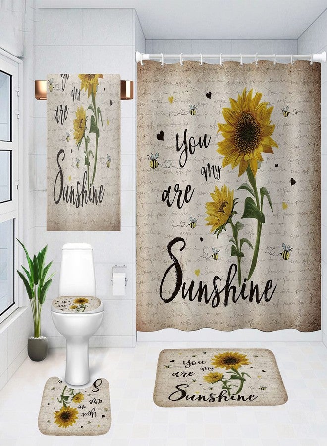 Mightree Bathroom Shower Curtains Sets 5 pcs, Waterproof Fabric Bathroom Curtain with 12 Hooks, Toilet Lid Cover and Bath Mat, Non-Slip Rug Foot mat, Beach Towel, Sunflower, Large - Image 1