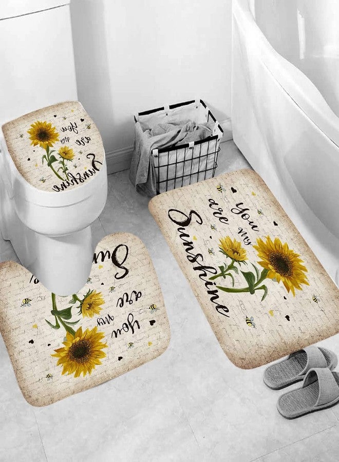 Mightree Bathroom Shower Curtains Sets 5 pcs, Waterproof Fabric Bathroom Curtain with 12 Hooks, Toilet Lid Cover and Bath Mat, Non-Slip Rug Foot mat, Beach Towel, Sunflower, Large - Image 3