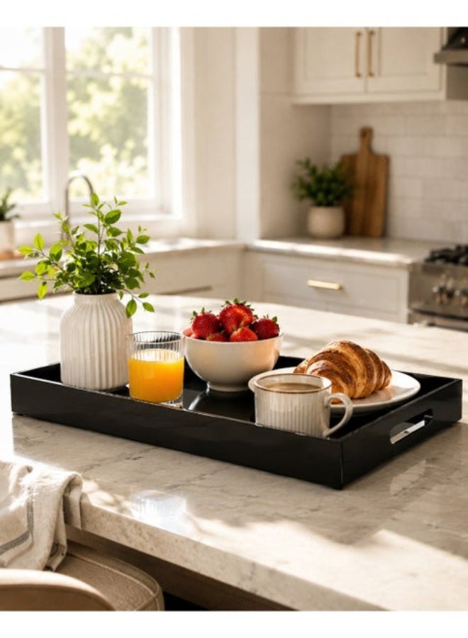 Eworld Premium Black Acrylic Serving Tray with Handles – Decorative Vanity Organizer Tray for Coffee Table, Kitchen Counter, Bathroom & Perfume Display – Glossy Modern Rectangular Tray 15.2 x 11 Inch - Image 3