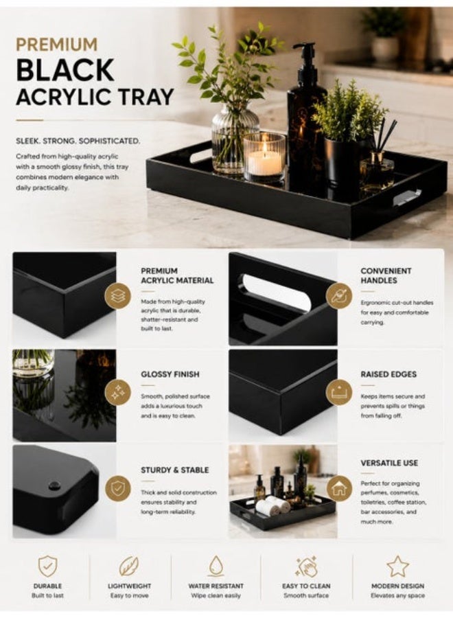 Eworld Premium Black Acrylic Serving Tray with Handles – Decorative Vanity Organizer Tray for Coffee Table, Kitchen Counter, Bathroom & Perfume Display – Glossy Modern Rectangular Tray 15.2 x 11 Inch - Image 5