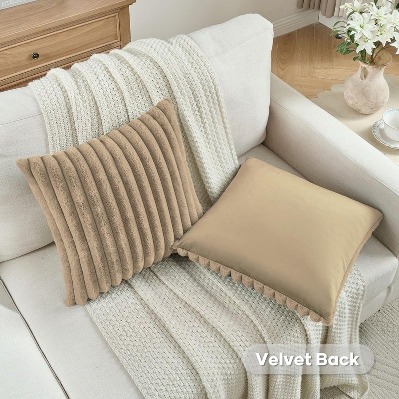 FUTEI Pack of 2 Fluffy Faux Fur Throw Pillow Covers 26x26 Inch Elegant Striped Textured Decorative Euro Pillow Shams Modern Accent Pillow for Couch Bed Living Room, Khaki - Image 4